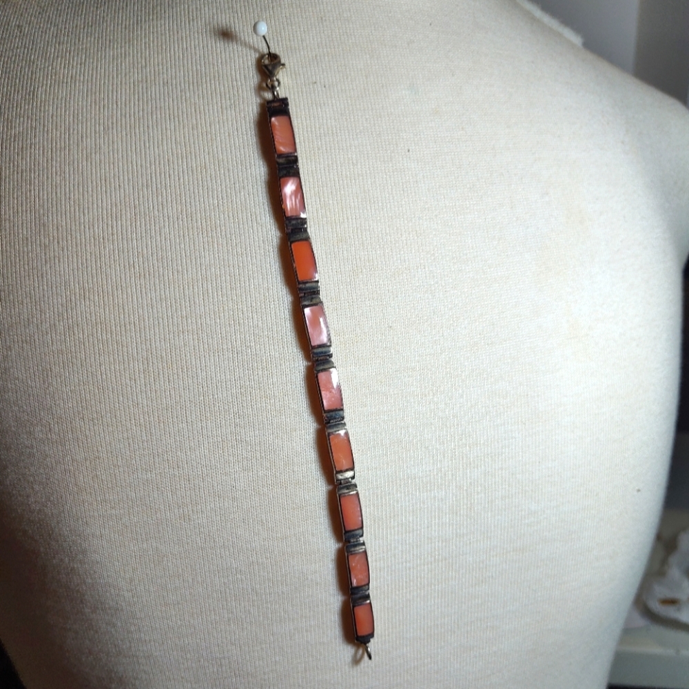 Vintage Sterling Silver Pink Inlaid Mother Of Pearl Stone Bracelet